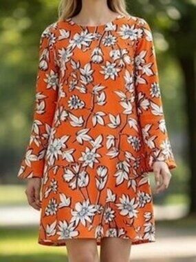 Esqualo Floral Shift Dress Size  12 Office Career Long Sleeve  Orange Midi
